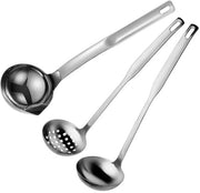 Set di 3 cucchiai in acciaio inox 304 con manico lungo, cucchiaio, sifone, separatore di olio, schiumarino, seghettatore di grasso, cucchiaio di servizio, attrezzo da cucina per uso domestico.