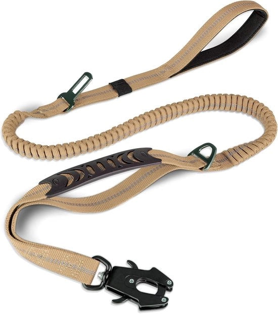 Cavo da Traino Tattico per Cani di Dimensioni Medie e Grande con Bungee Assorbente e 2 Maniglie Poggiatesta, Caricabriglie in Metallo con Fermo Auto e Resistenza all'Arretramento