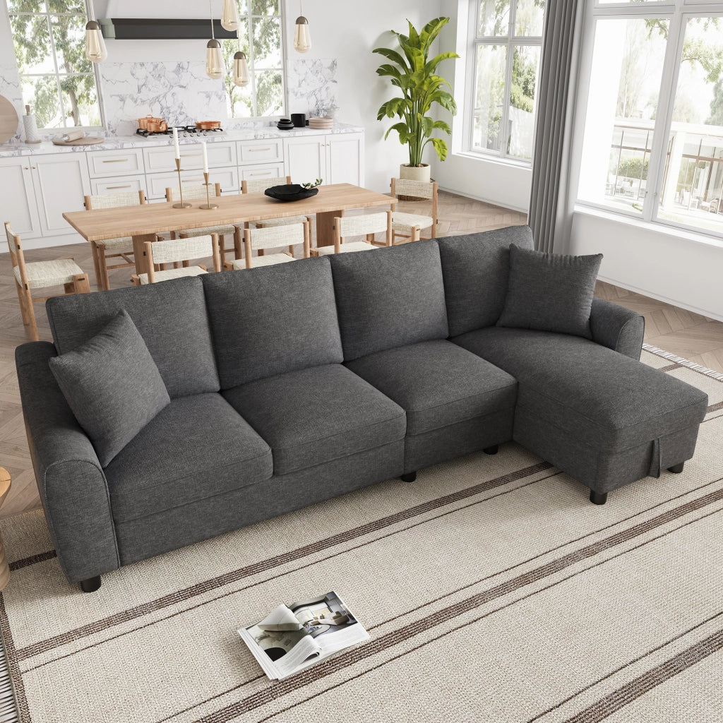 Divano angolare a L a 4 posti con chaise longue contenitore e schienale ribaltabile in chenille grigio 280 × 136 × 82 cm