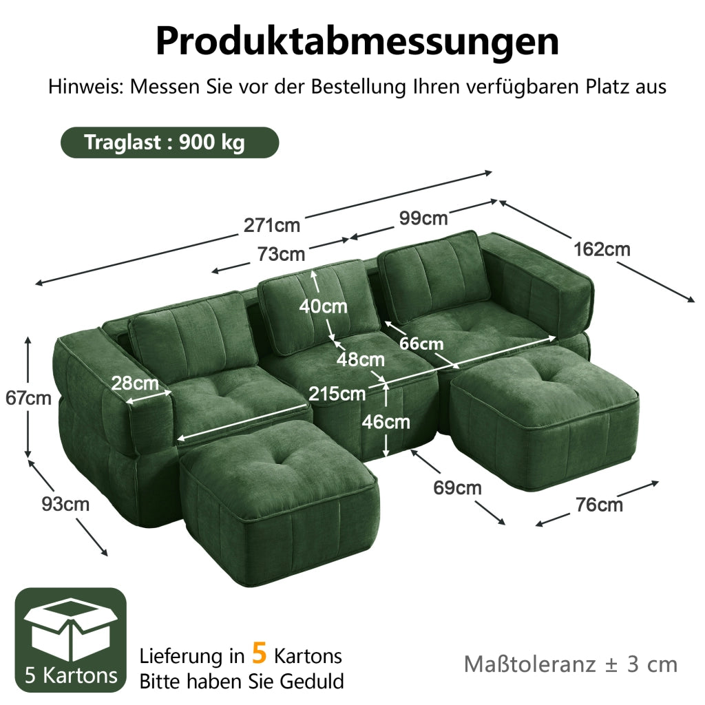 Divano modulare a U 3 posti - con pouf e seduta profonda - in poliestere verde