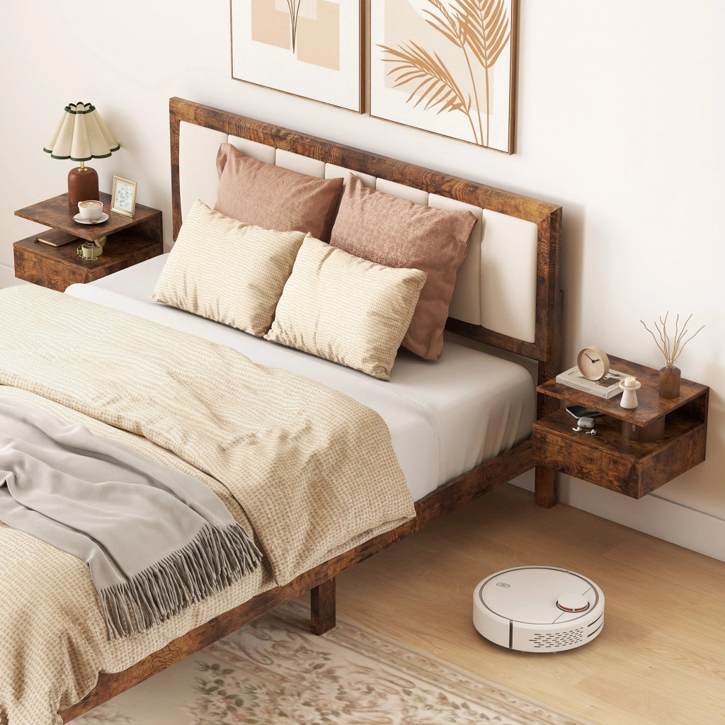 Set di 2 Comodini Sospesi con Cassetto e Mensola Aperta, 35x32x22.5 cm, Marrone Rustico