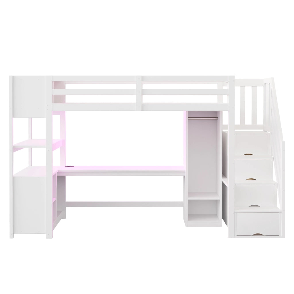 Letto a soppalco singolo 90×200 cm con scrivania; armadio; LED e scala con vani; senza materasso; bianco