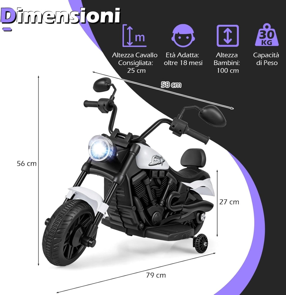 Moto Elettrica per Bambini, 6V Moto Cavalcabile con 2 Ruote di Supporto, Pedale, Fari e Musica, 2,4 km/h, per Bambini 3 Anni+, 79x58x56 cm (Bianco)