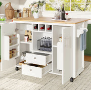 Isola da cucina 137.9x73x92 cm con piano pieghevole; ruote; MDF e metallo bianco