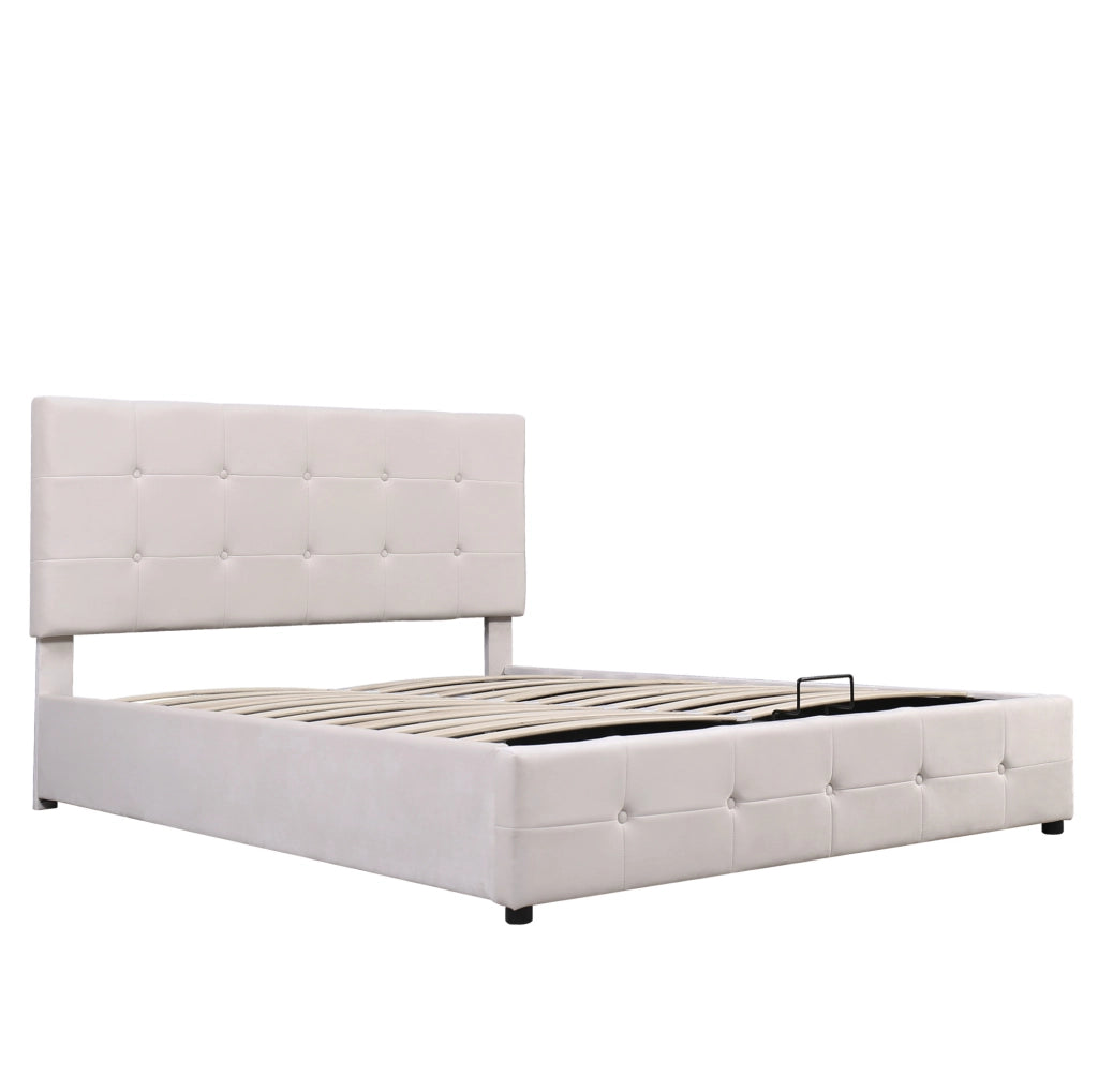 Letto matrimoniale imbottito 140x200 cm con contenitore idraulico; velluto crema