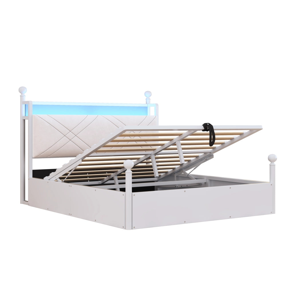 Letto Contenitore 140x190 cm con LED; USB; Type-C e Baldacchino rimovibile; Bianco