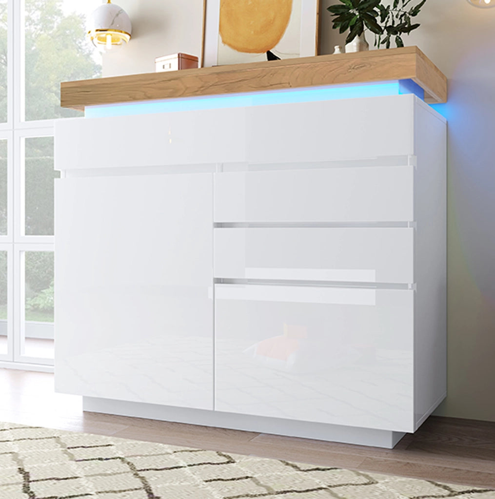 Sideboard lucido bianco con LED; 115 x 110 x 39 cm; in truciolare e MDF