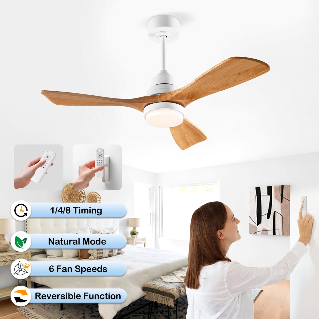 Ventilatore da soffitto con luce a 3 pale in legno e telecomando bianco e naturale per interni ed esterni coperti
