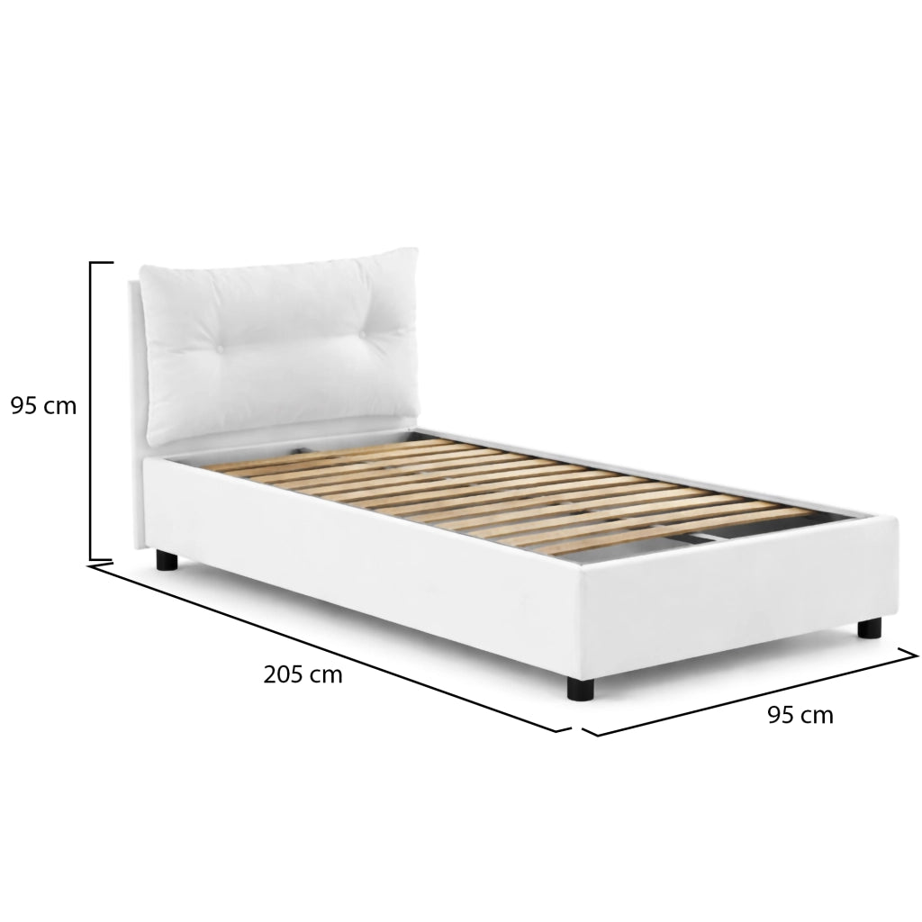 Letto singolo Amaro, Letto contenitore con rivestimento in tessuto, Made in Italy, Apertura frontale, adatto per materasso cm 80x190, Bianco