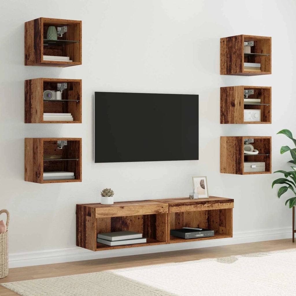 Mobile TV con luci a strisce a LED 8 pz | Armadietto TV | Mobile Porta TV Legno vecchio Vetro