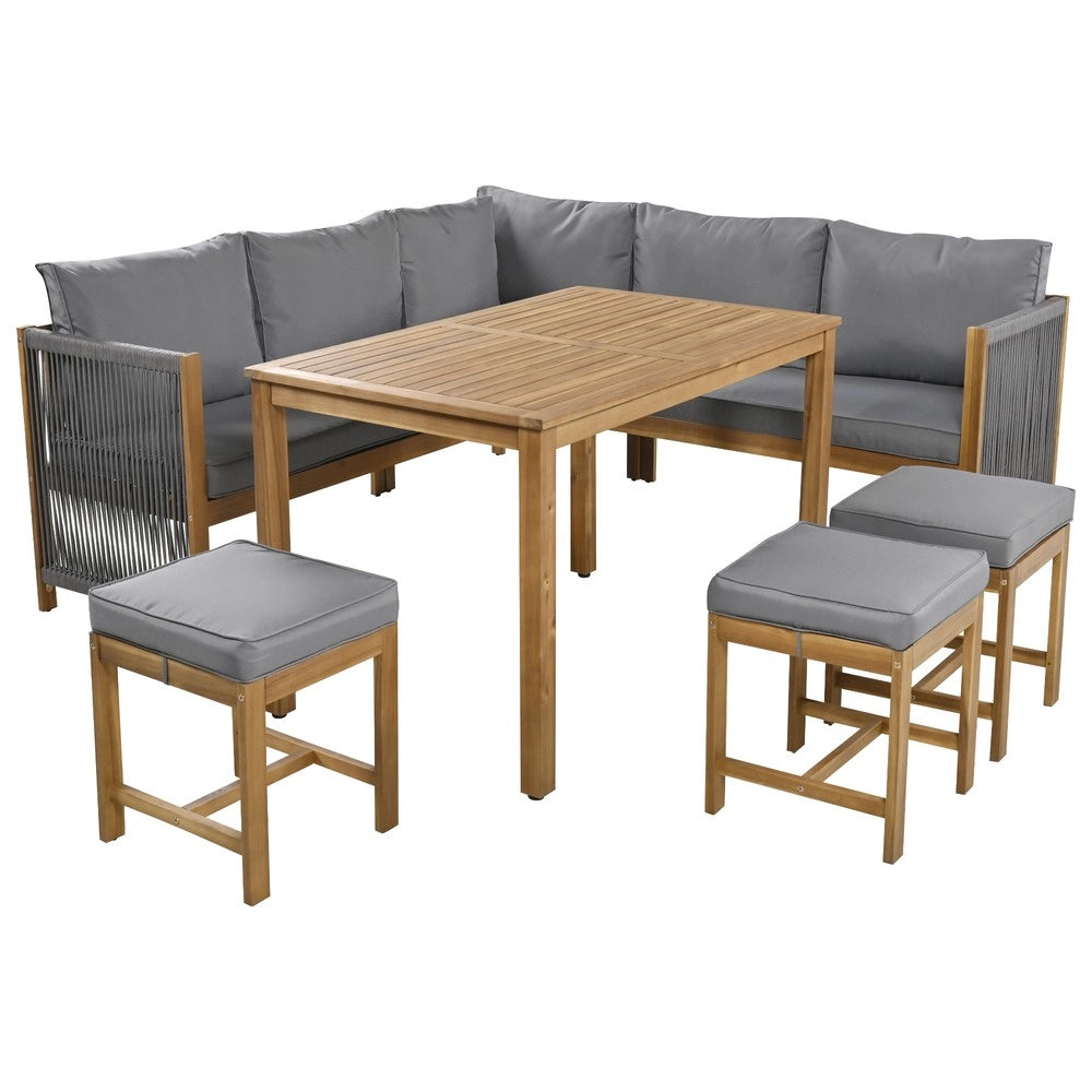 Set da giardino per 7-8 persone - Zephmum - Divano angolare, 3 sgabelli, tavolo, cuscini, polirattan, colore grigio+naturale