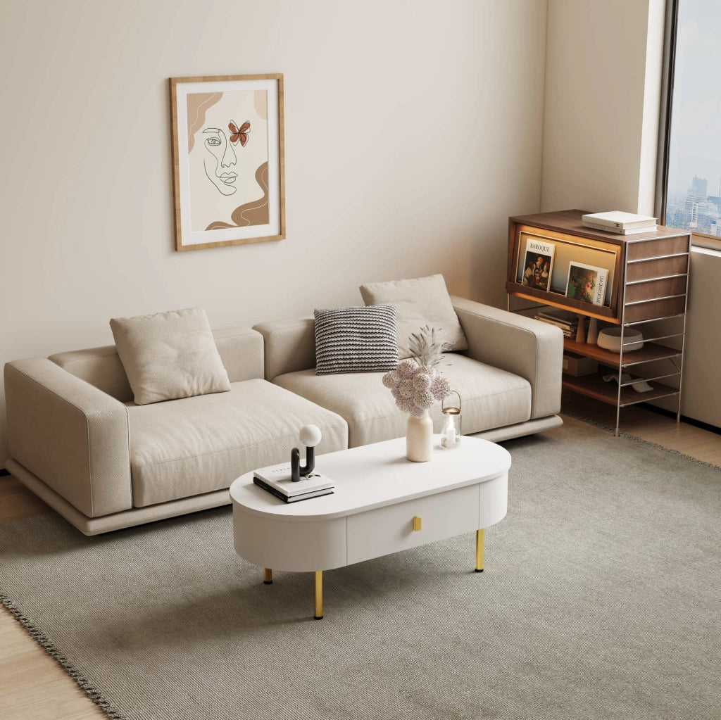 Tavolino da salotto 108x50x40 cm con 2 cassetti; MDF bianco e oro