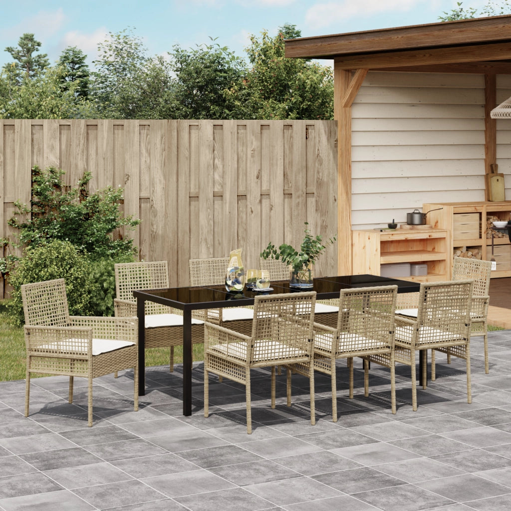 Set da Pranzo da Giardino da 9 Pezzi con Cuscini Beige Rattan