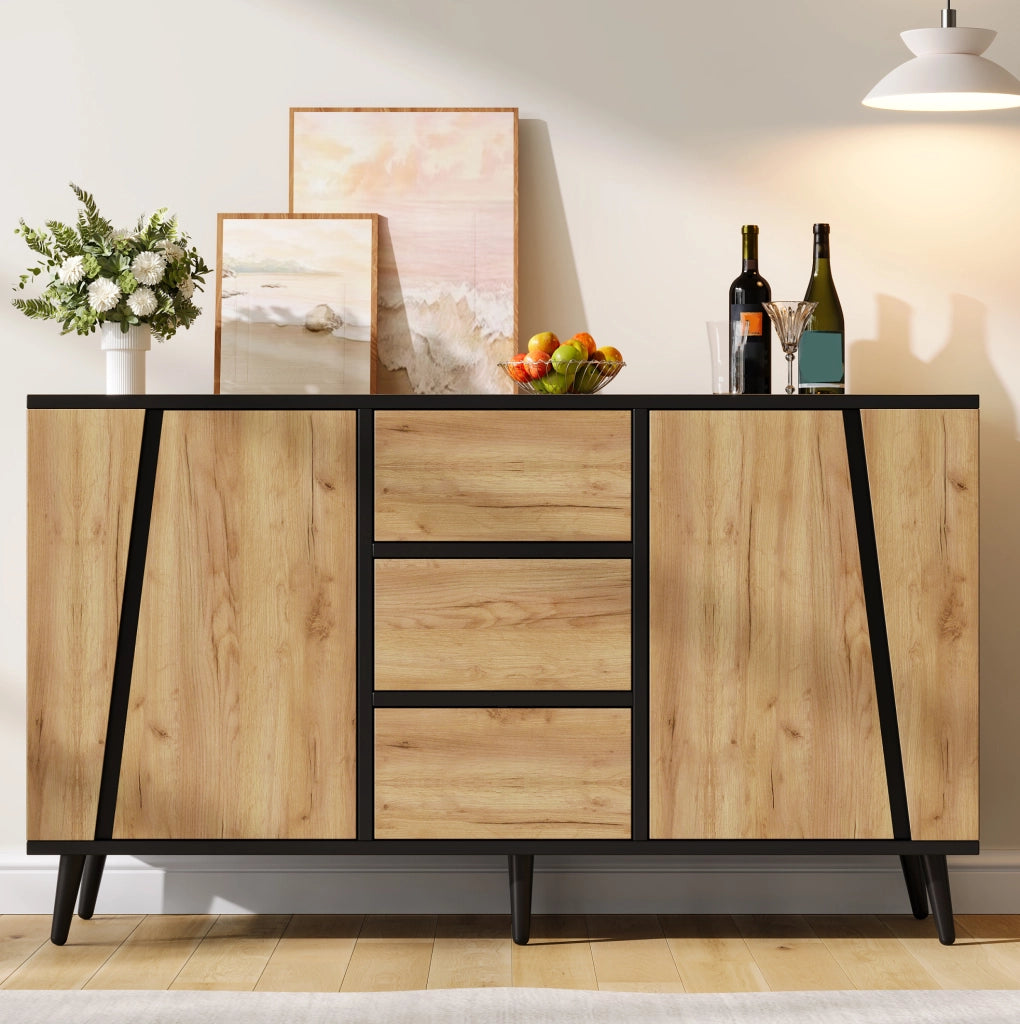 Sideboard 120x40x70 cm con 2 ante; 3 cassetti e ripiani regolabili; MDF e truciolare; naturale e nero