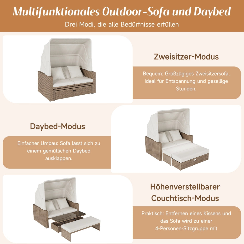 Mobili giardino polyrattan 2-4 persone: Divanooo lounge + tavolino regolabile + tendalino; kaki