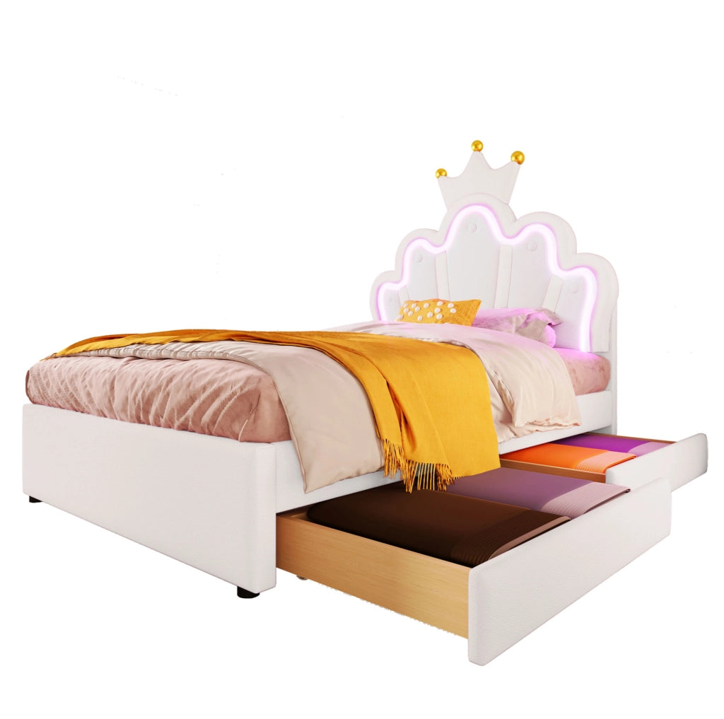 Letto per bambini 90x200 cm con 2 cassetti; LED; testiera regolabile; PU bianco