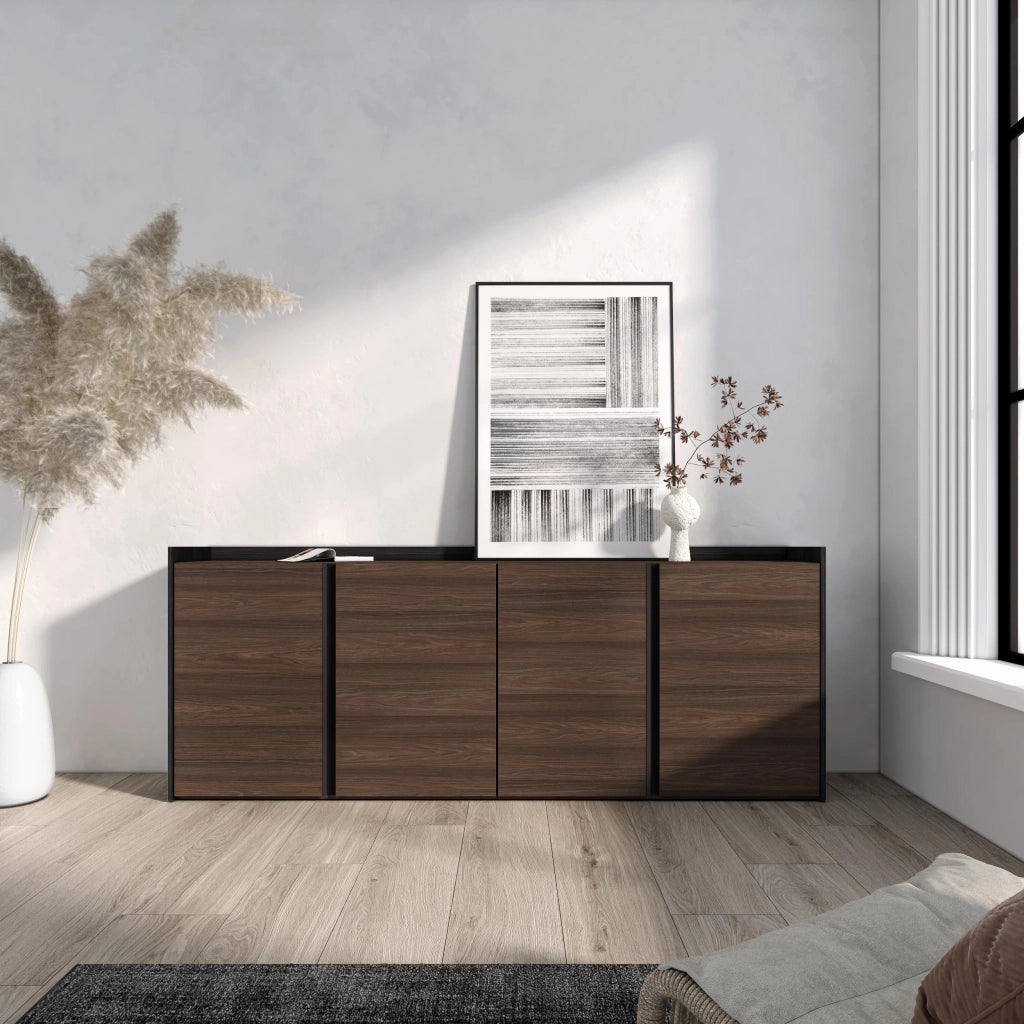 Credenza, Mobile, Cucina, 207x80x35 cm, 4 Porte, grande stoccaggio, Rovere scuro e Nero