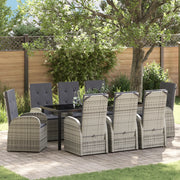 Set da pranzo da giardino 9 pezzi con cuscini in polyrattan grigio