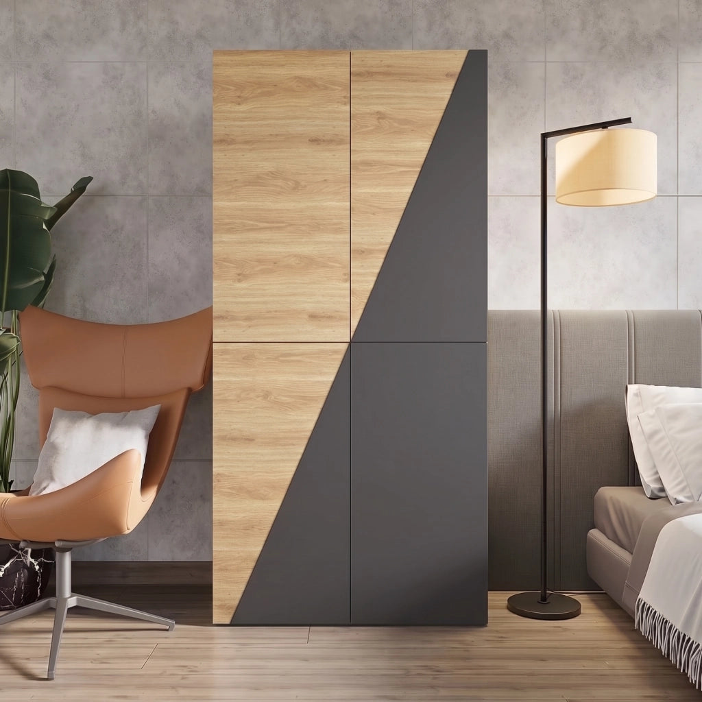 Armadio con ante battenti 90 × 50 × 200 cm; 2 cassetti; MDF e acciaio; grigio carbonio effetto legno