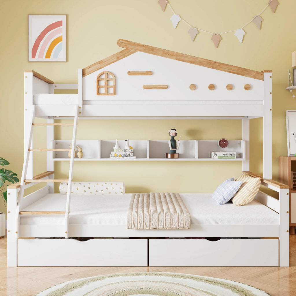 Letto a Castello Letto per Bambini 90x200 cm e 140x200 cm; 2 Cassetti; Mensole e Scala inclinata