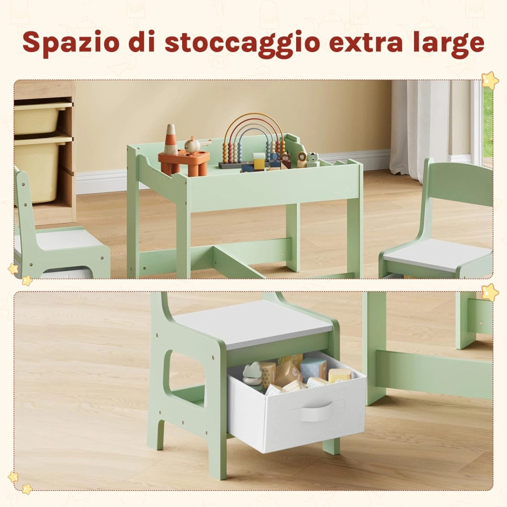 Set da Tavolino e Sedie per Bambini, Tavolo Bambini con 2 Sedie, Lavagna Reversibile, con Scomparto Nascosto e Scatole, per Cameretta, Asilo, Legno, Verde + Bianco