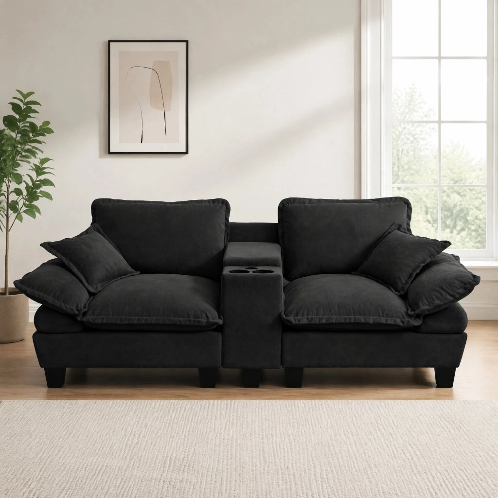 Scaffale modulare con braccioli rimovibili, porta bicchieri, vani portaoggetti e porte USB, in chenille nero 224 × 82 × 90 cm
