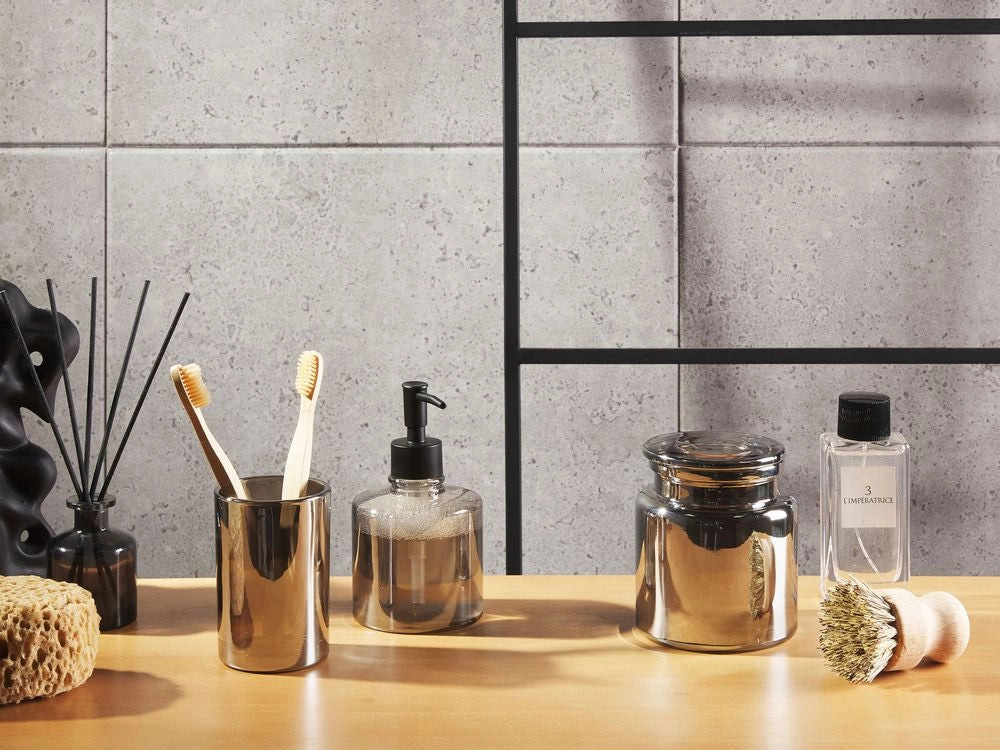 Set di accessori da bagno in 3 pezzi Dispenser di sapone in vetro grigio Glam Portasapone Portaspazzolino Tazza