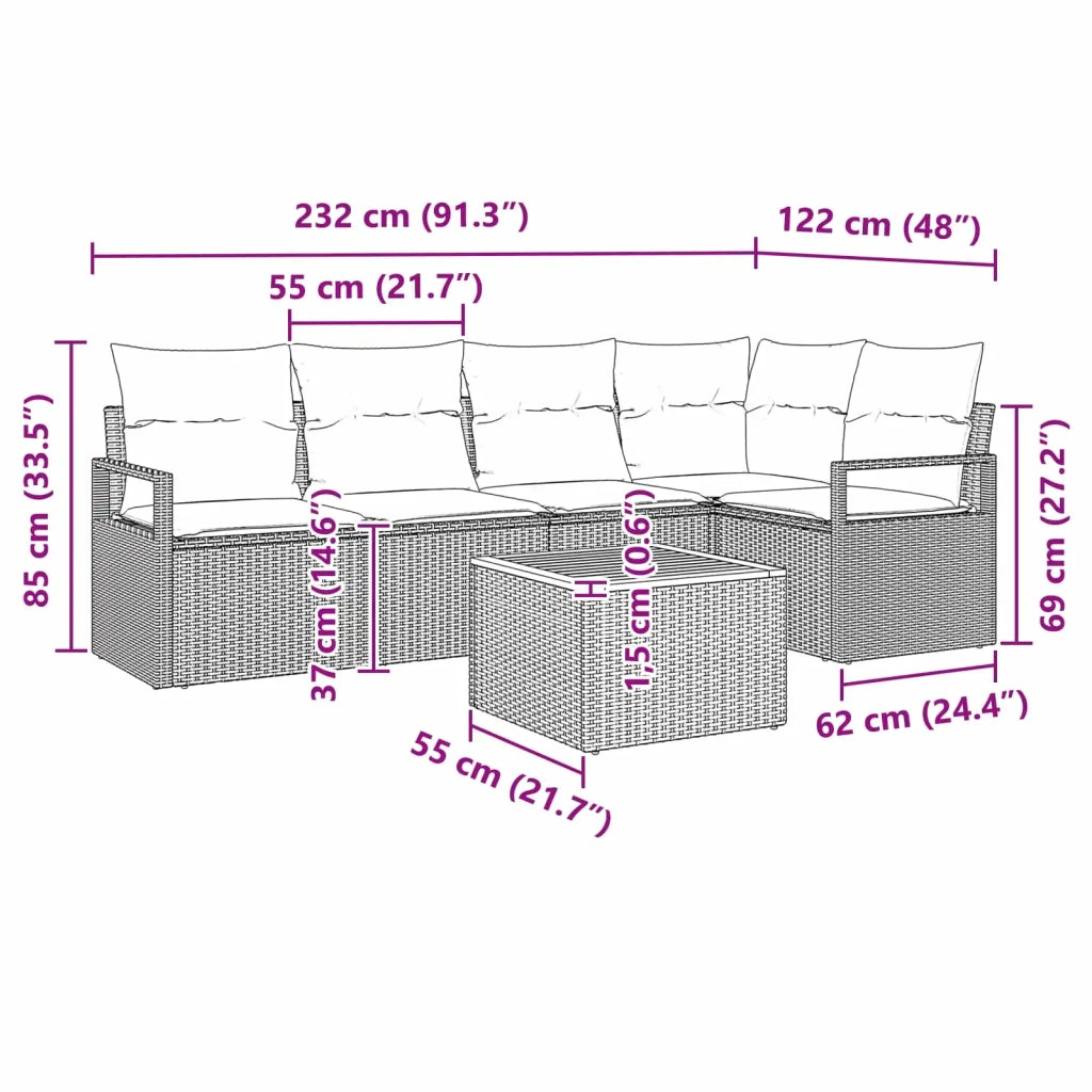 Set Divano da Giardino con cuscino 6 pcs Nero polyrattan