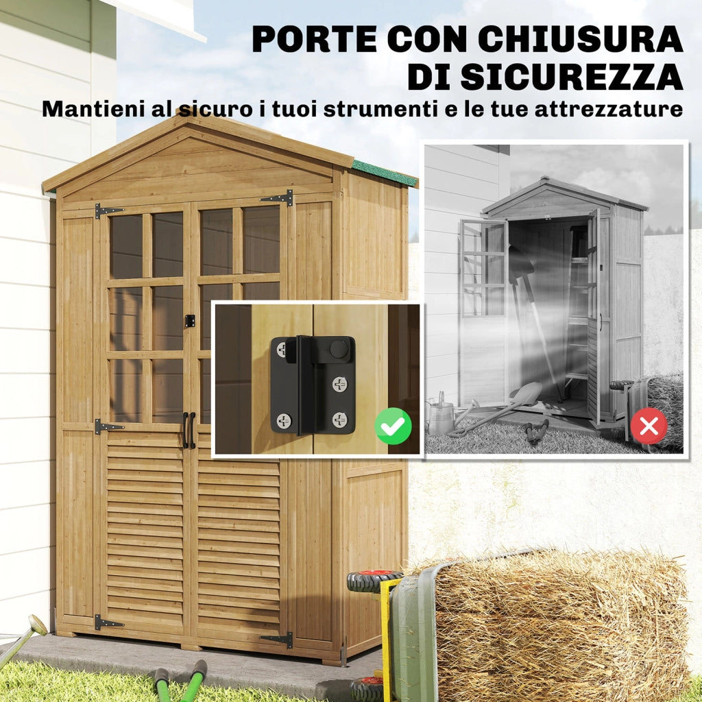 Armadio da Giardino Box Porta Attrezzi 128x57,5x197 cm con Finestre Trasparenti in Legno Marrone Chiaro