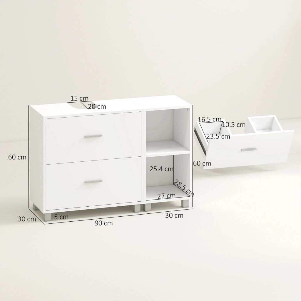 Mobile Sottolavabo da Bagno 90x30x60 cm con 2 Cassetti e Ripiani Aperti in Legno Bianco