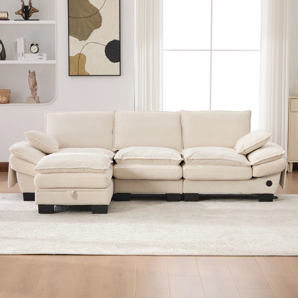 Divano modulare 3 posti con pouf contenitore in corduroy beige; 260 cm; con USB-C