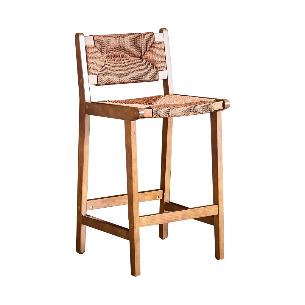 Sgabello da bar con schienale ergonomico e seduta intrecciata in legno - noce