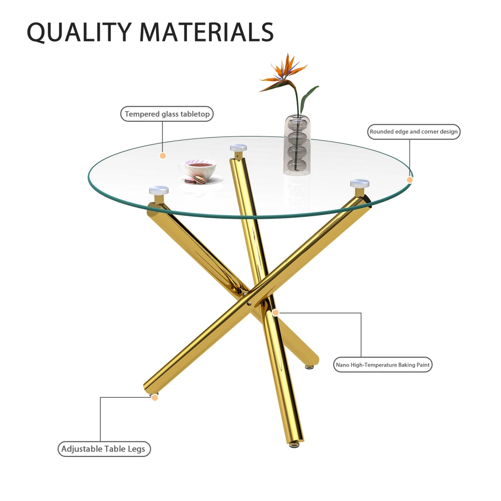 Tavolo da pranzo rotondo con piano in vetro temperato e gambe in metallo oro per 2-4 persone 80 × 80 × 76 cm