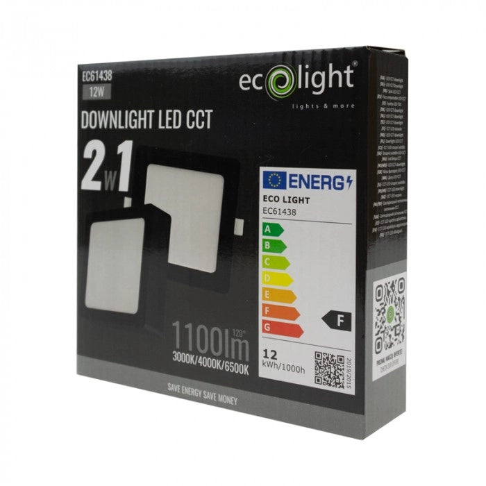 Downlight LED quadrato 12W nero CCT 2in1 Ecolight