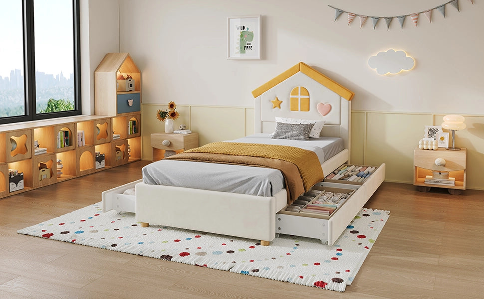 Letto per bambini 90 × 200 cm a casetta imbottito con 4 cassetti, senza materasso, in velluto, beige