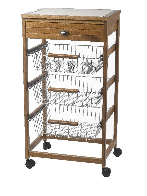 Carrello Portaverdure in Legno di Faggio Noce 3 + 1 Cassetti con Mattonelle