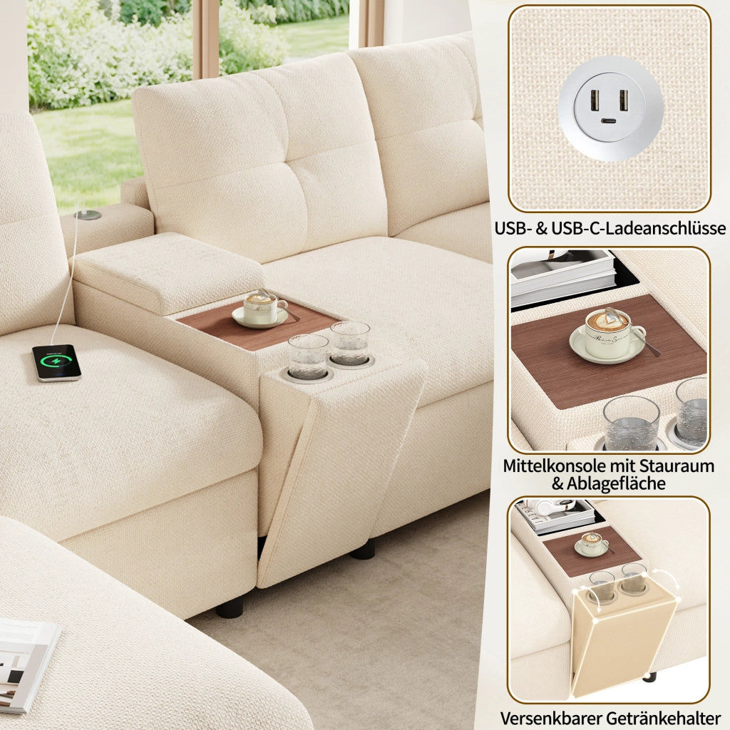 DIVANO ANGOLARE MODULARE U/L 316x140x84,5 cm Chenille Beige con 2 pouf contenitore