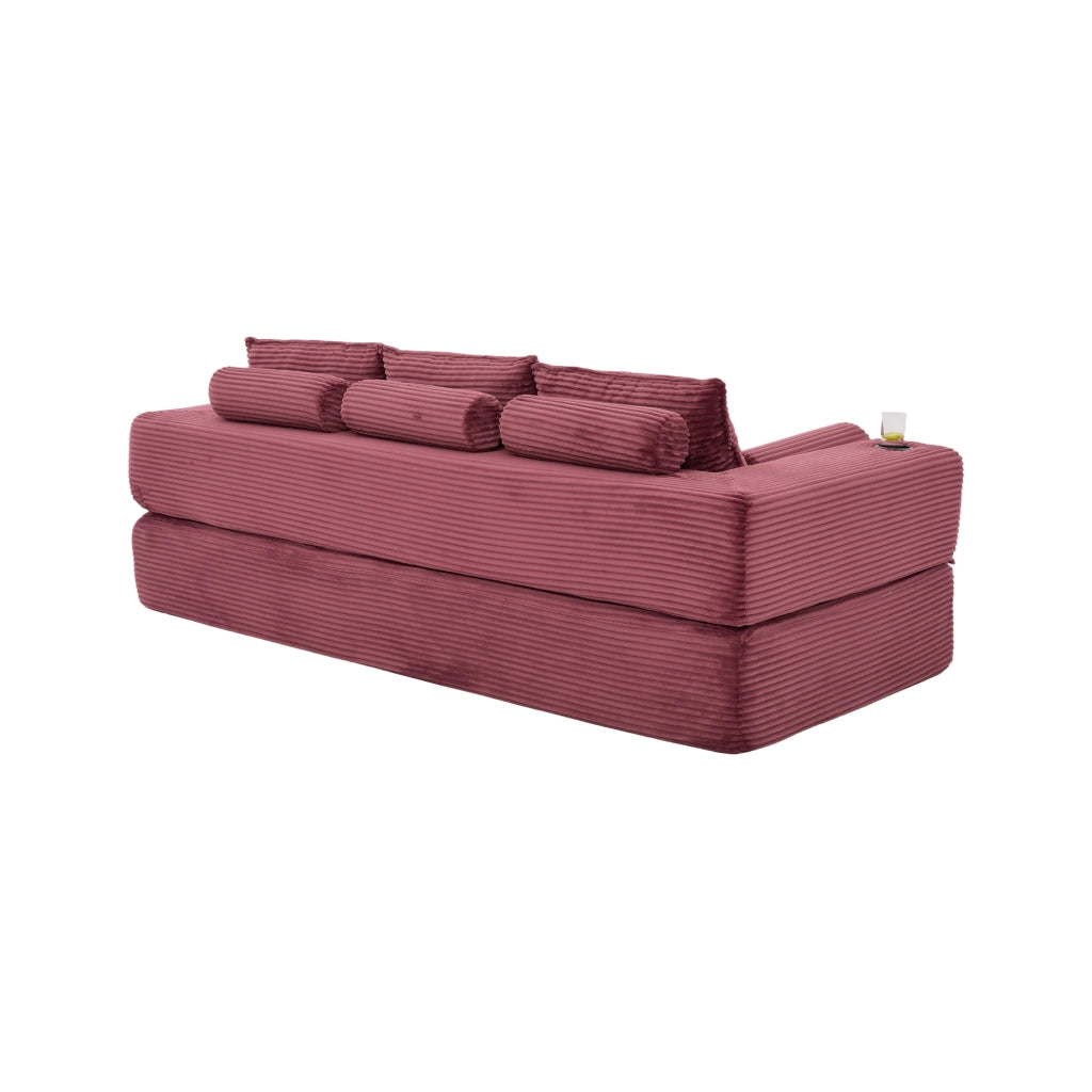Divano convertibile con tasche laterali, portabicchieri e cuscini memory in corduroy rosso vino 232 × 98 × 80 cm