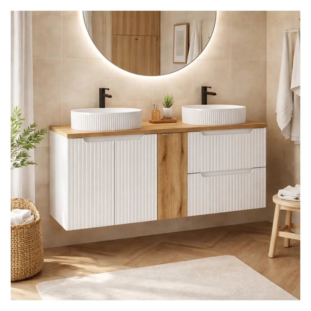 Set da bagno VANO bianco 140 cm: mobili sotto lavabo con cassetti e armadietti + due lavabi da appoggio scanalati