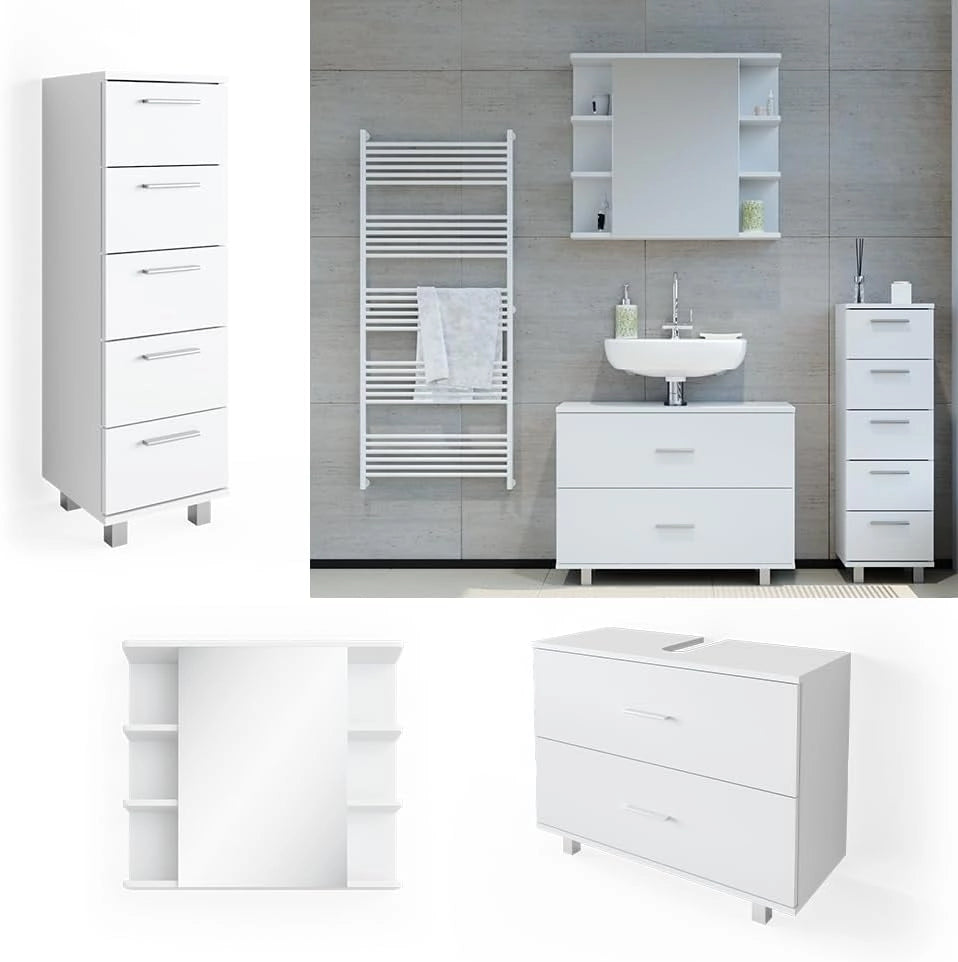 Set mobili bagno Ilias, Bianco, 80 cm, composto da mobile sottolavabo, specchiera e mobile medio