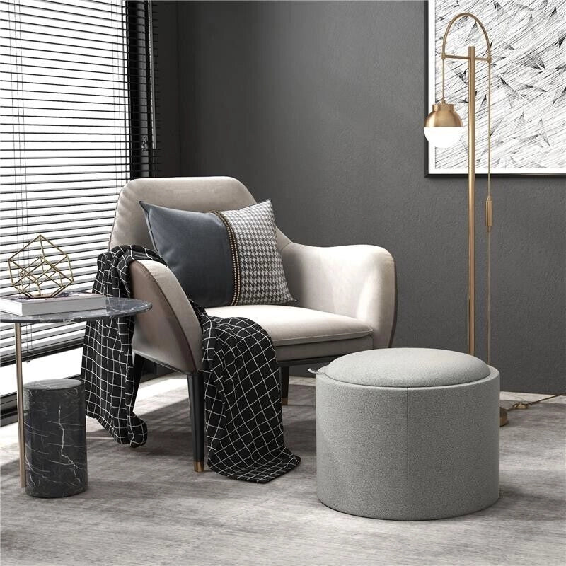 POUF CONTENITORE EFFETTO LINO DA 120 KG MAX CON VASSOIO A RIBALTA, IN MDF, 56X56X42 CM, GRIGIO