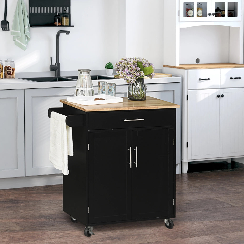 Carrello da Cucina con Cassetto e Armadietto 2 Ante, Ruote e Barra Laterale, 83x45x91.5cm, Nero