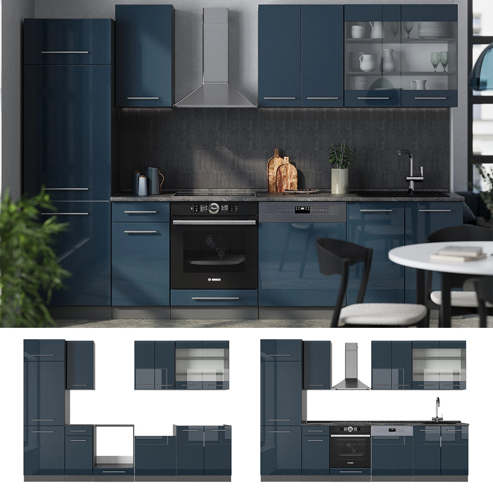 Mobili da cucina Fame-Line Blu scuro lucido/Antracite 300 cm senza piano di lavoro Vicco