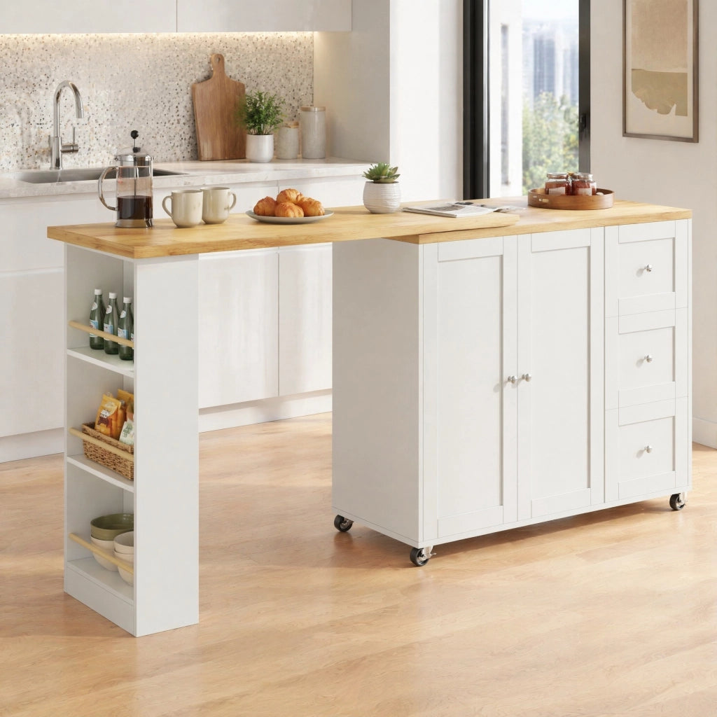 Mobile bar girevole 360° con ruote, 203 x 39 x 104 cm, bianco, in MDF, con 3 cassetti e portasnack