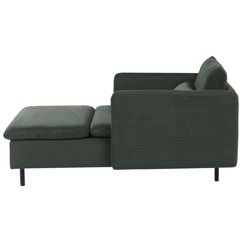 Chaise longue in velluto a coste verde scuro, imbottita con cuscini, design moderno