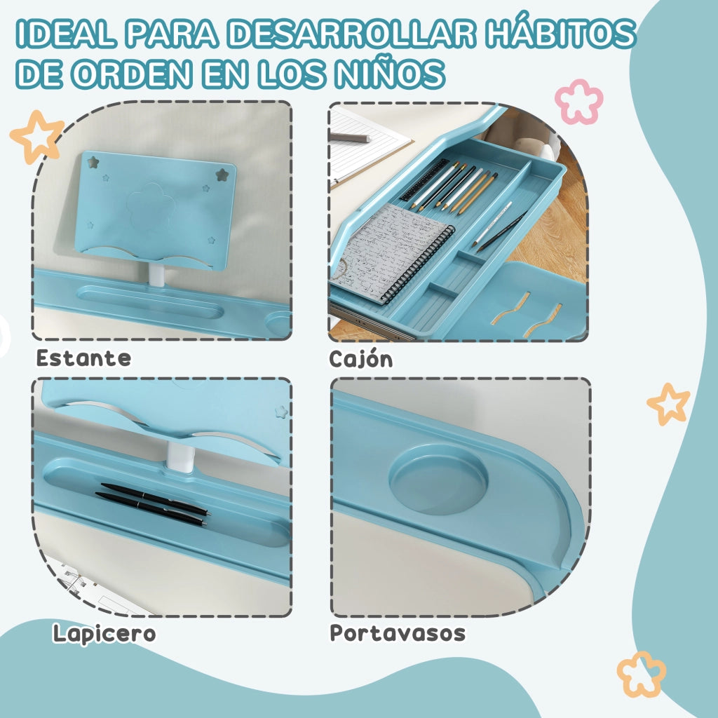Scrivania bambini regolabile con cassetto scaffale angolo piano regolabile 80x49,5x82-104 cm ¨C Xylo ¨C Azzurro bianco