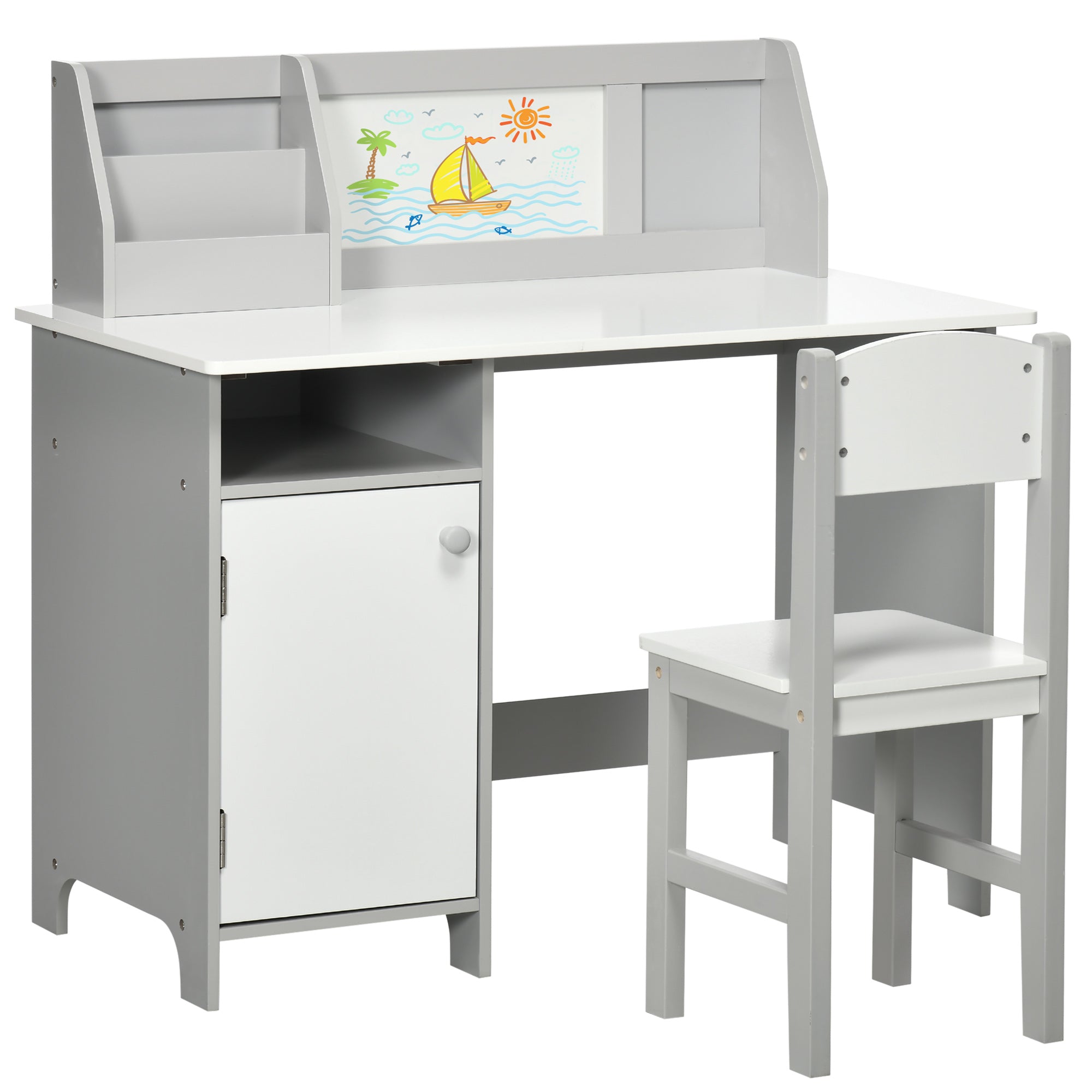 Set Tavolo e Sedie per Bambini 5+ Anni 90x45x 85 cm in Legno Bianco e Grigio