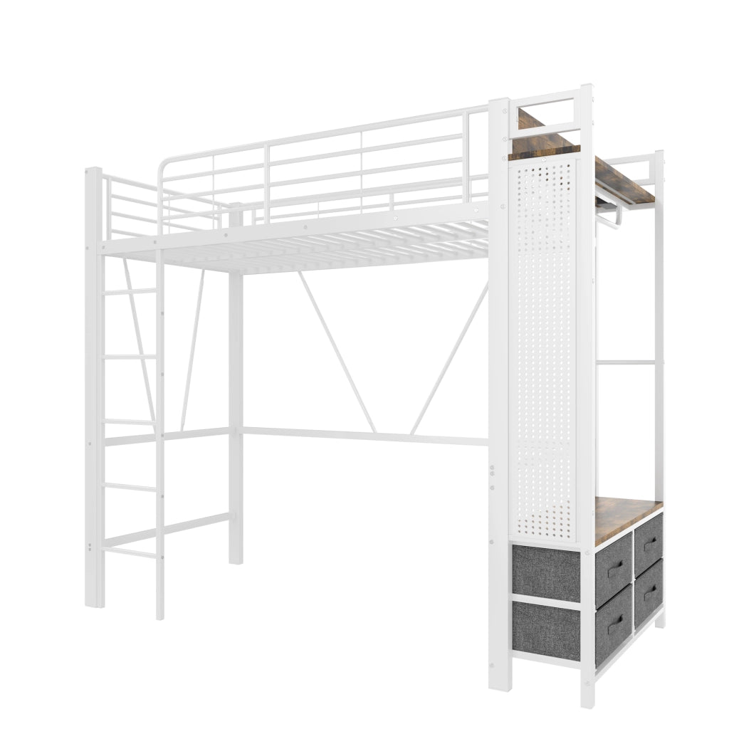 Letto a Soppalco Singolo con 4 Cassetti; USB; Porta C e LED 90 × 200 cm; senza Materasso; Metallo Bianco
