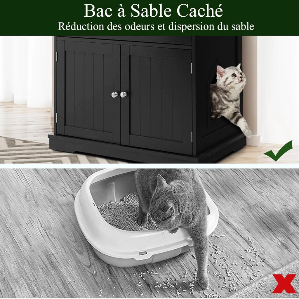 Mobile Lettiera per Gatti con 2 Ante e Cassetto, Armadio per Gatto in Legno con Ingresso Laterale, Grotta Rifugio Multiuso per Soggiorno, Camera da Letto e Ingresso, 76 x 53 x 74 cm (Nero)