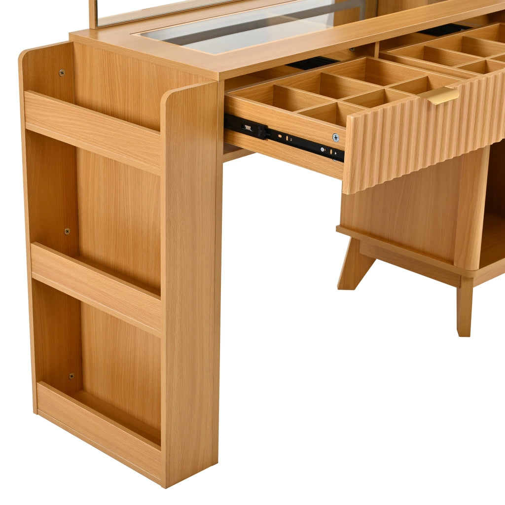 Toeletta con specchio LED; 3 cassetti e vano laterale - in MDF e truciolare - 133×40×136 cm - naturale